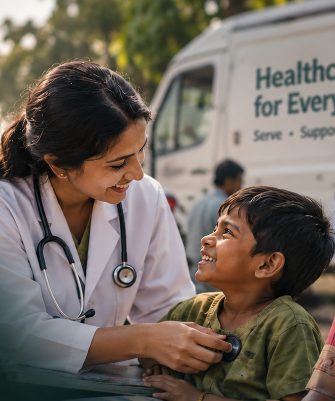 A doctor examining a child at a Shree Sampada health camp
