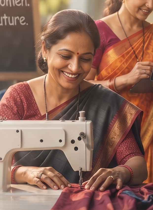 A woman sewing at a Shree Sampada tailoring enterprise
