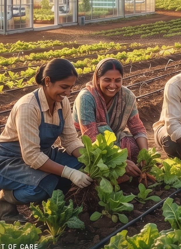 Women farmers harvesting greens on an organic plot