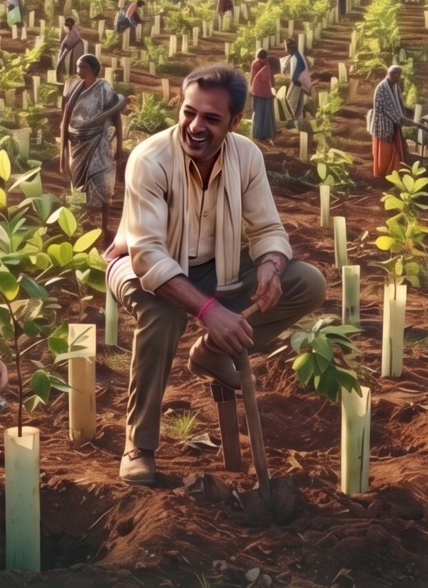 A volunteer planting a sapling at a Shree Sampada plantation drive