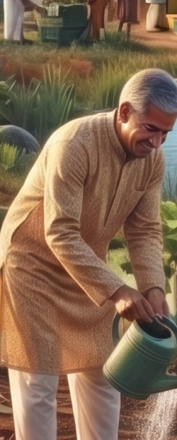 An elder watering newly planted saplings